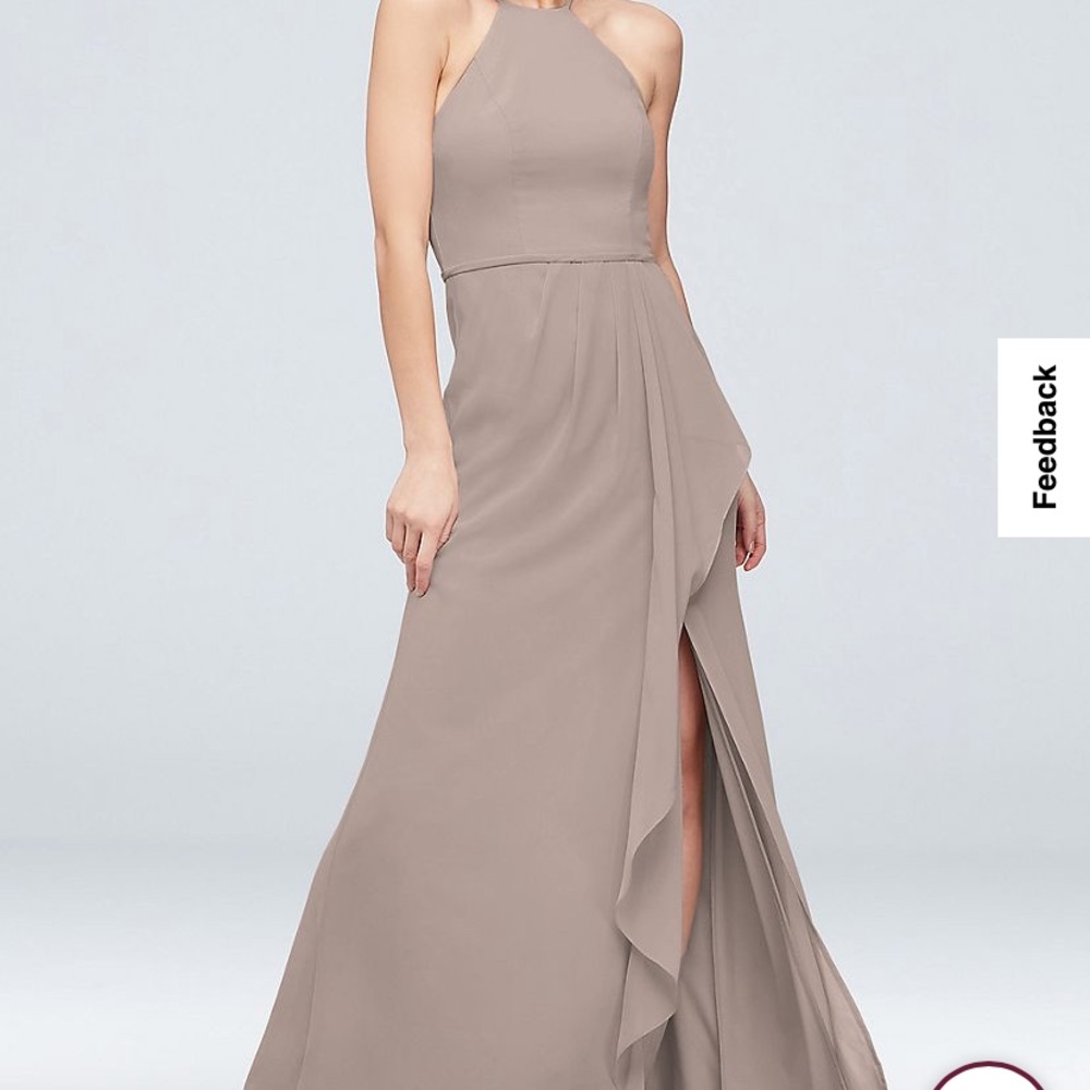 David’s Bridal Bridesmaids High Neck Chiffon Dress in color BISCOTTI